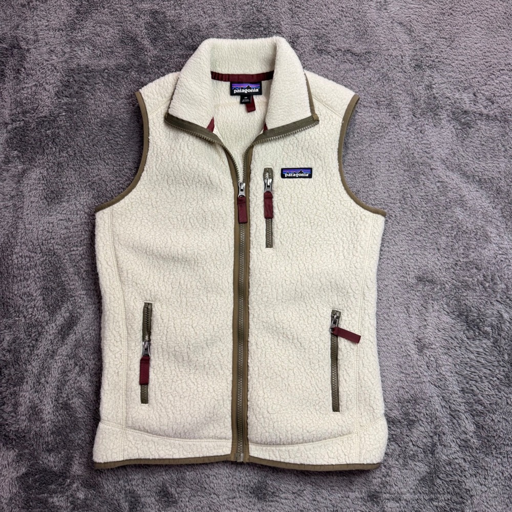 Patagonia Retro Pile Fleece Vest Cream Olive Green Burgundy XS Womens 22826